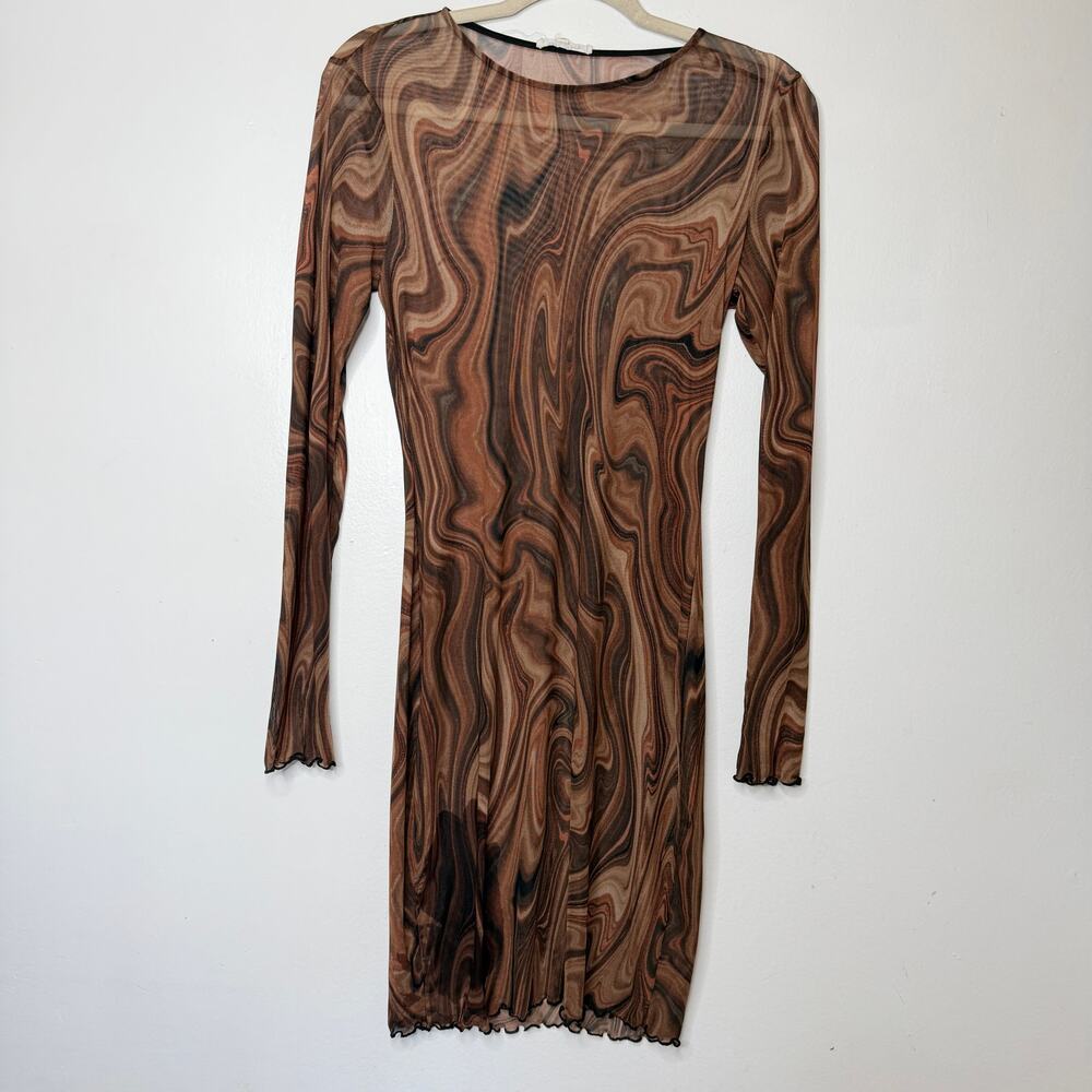 Bear Dance Brown Marble Abstract Print Mesh Long Sleeve Mini Dress Size L
